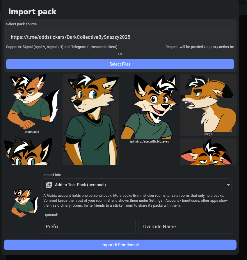Vommet's Import pack dialog with a Telegram sticker link pasted, previewing a pack of cartoon fox stickers ready to import